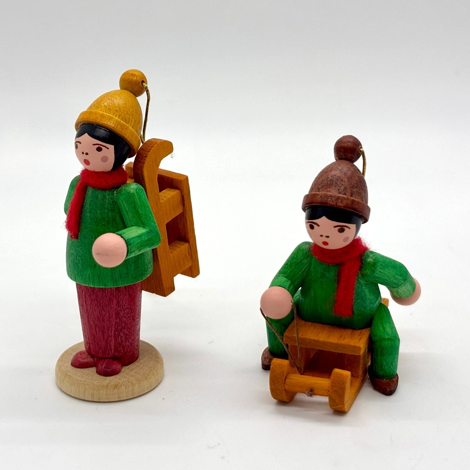 Lot of 2 O.Hafner Germany Handcrafted Wood Boys w/ Sleds Ornaments