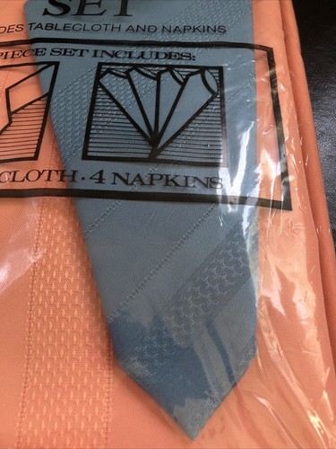 BARDWIL 70" Round Tablecloth W/4 Napkins Set Peach Table Cloth With Teal Napkins - Picture 2 of 10