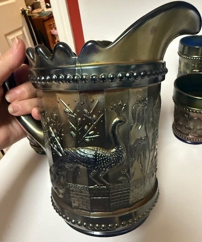 Dugan Blue Carnival Glass Peacock at Fountain Water Pitcher & 6 Tumbler Set - Picture 3 of 12