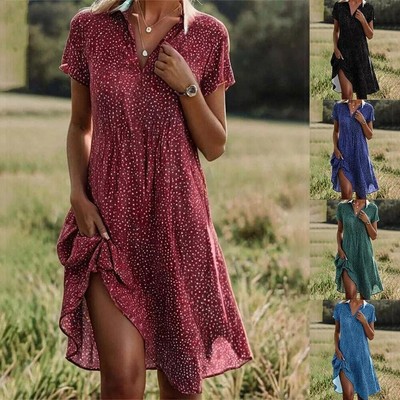 Mode 6 Farben A-Linie-Kleid Damen Kurzarm Sommerkleid V-Neck Freizeitkleid