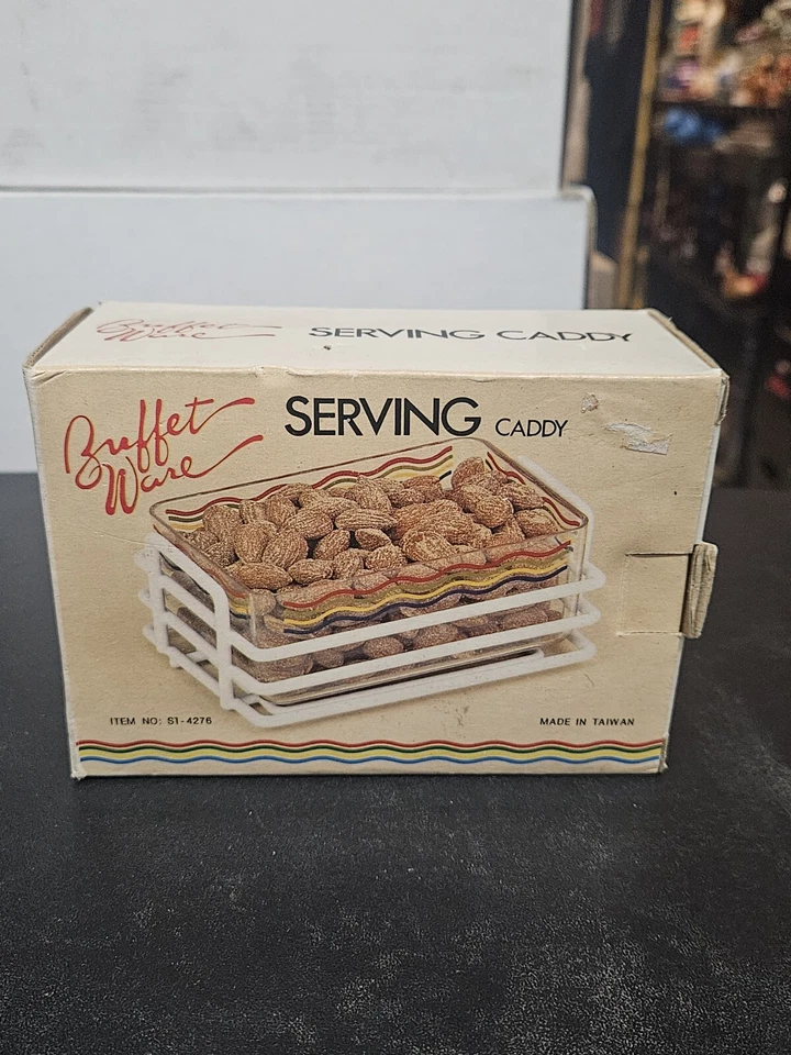 Vintage 80’s Party Buffet Ware Serving Caddy Striped Removable Plastic Tray - Изображение 2 из 4