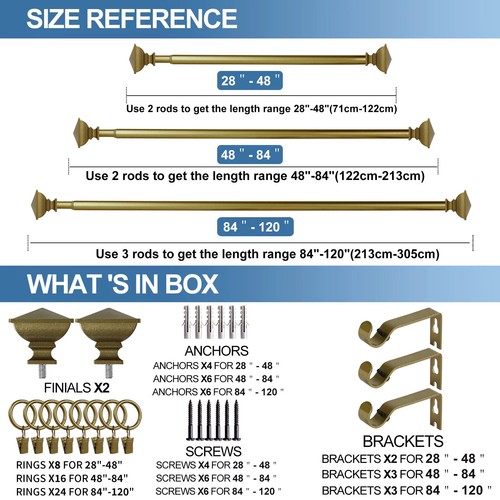 5/8" Quadrat Urne Einzel Gardine Gardinenstange Set mit Ringen, viele Größen & Farben - Bild 35 von 35