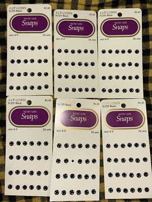 6 Lot 144 Pairs J&P Coats Sew-On Snaps Black Coated Brass Sz 4/0 6/ 24 Count 325
