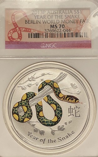 1 $ 2013 P Australien Jahr der Schlange Berlin World Money Fair NGC MS70 - Bild 1 von 4