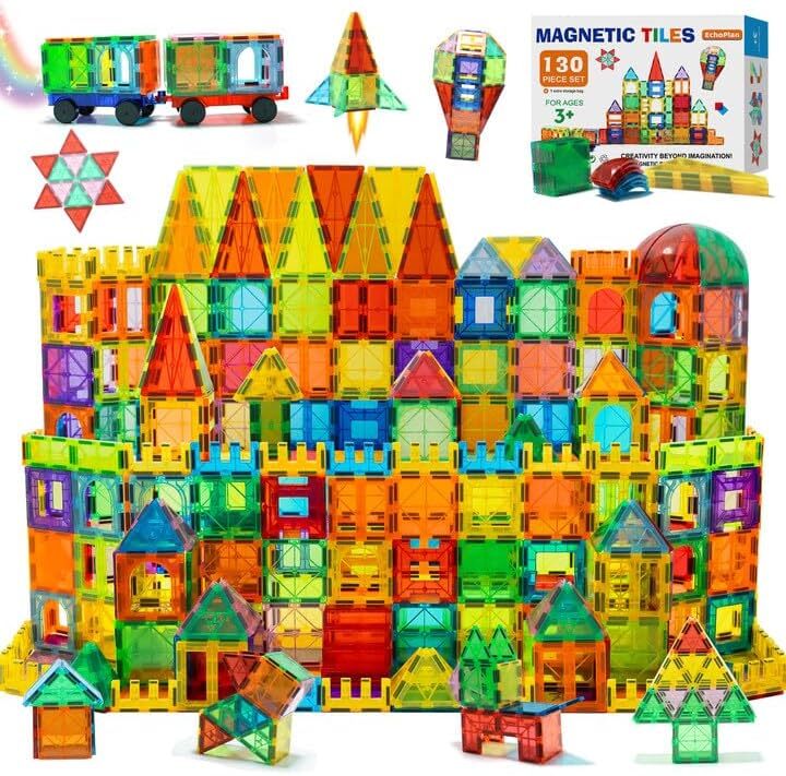 130PCS Magnetic Blocks with 2 Cars, Magnet Tiles 3D Clear Building Blocks Set