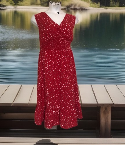 Sleeveless Empire Waist Dress Sz 4XL Red White Polka Dot Ruffle Smocked Sundress