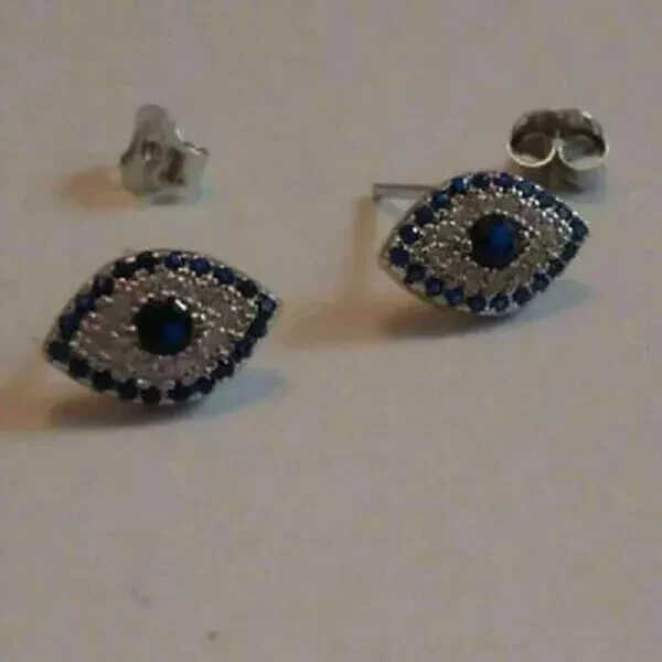 Alternate view of 2.20ct Round Created Blue Sapphire Evil Eye Stud Earrings 14k White Gold Plated
