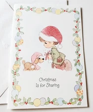Vintage Christmas Card Hallmark Precious Moments Child Giving Bone to Puppy 