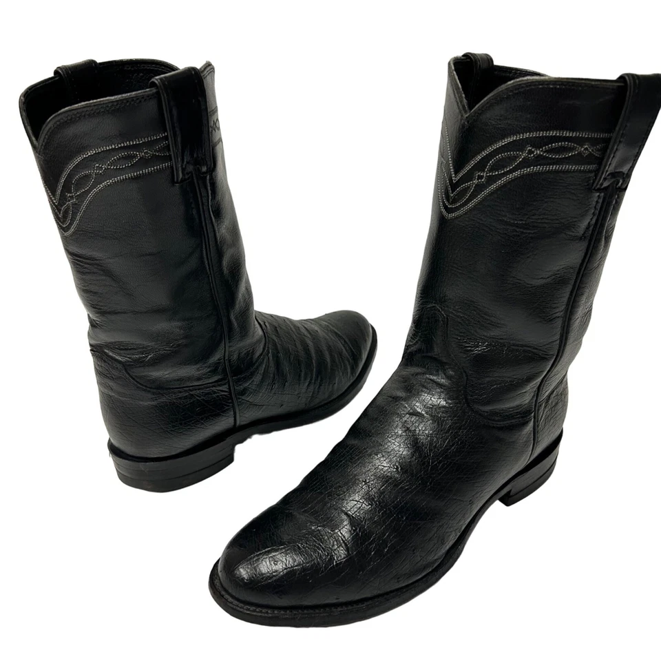 Justin Hombres Negro Suave Piel de avestruz Vaquero Western Cuero Botas Ropers 8 EE Foto 2 de 4