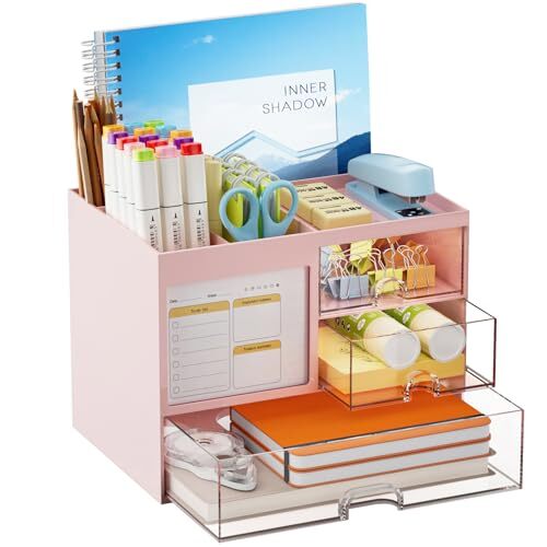Desk Organizer with 3 Drawer, Multi-Functional Pencil Pen Holder for Pink
