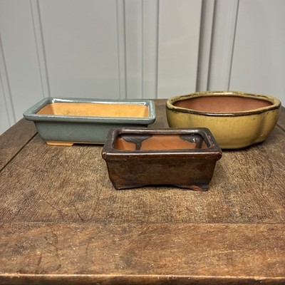 Japanese Bonsai Pot Shohin Mini Small Set of 3 Glazed Vintage Blue Yellow Brown