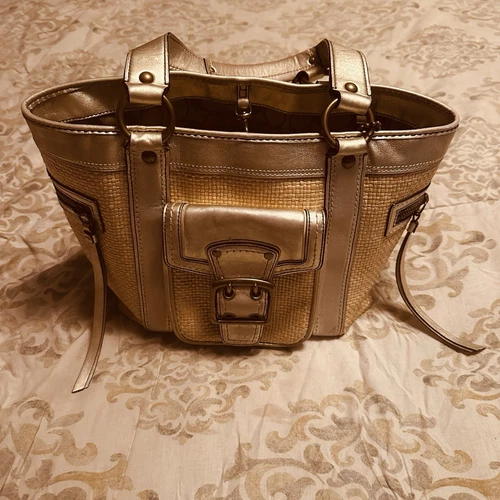 Vintage Coach Legacy Straw & Leather Satchel Tote Handbag Black/Cream MO5K-113