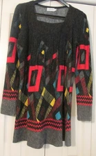 Vtg. ADORE Women's M L/S Black Geometric Print Mod BoHo Knit Dress