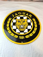 Jaguar Cars Round Porcelain Dealer Advertising Sign Yellow Black Checkered Cat