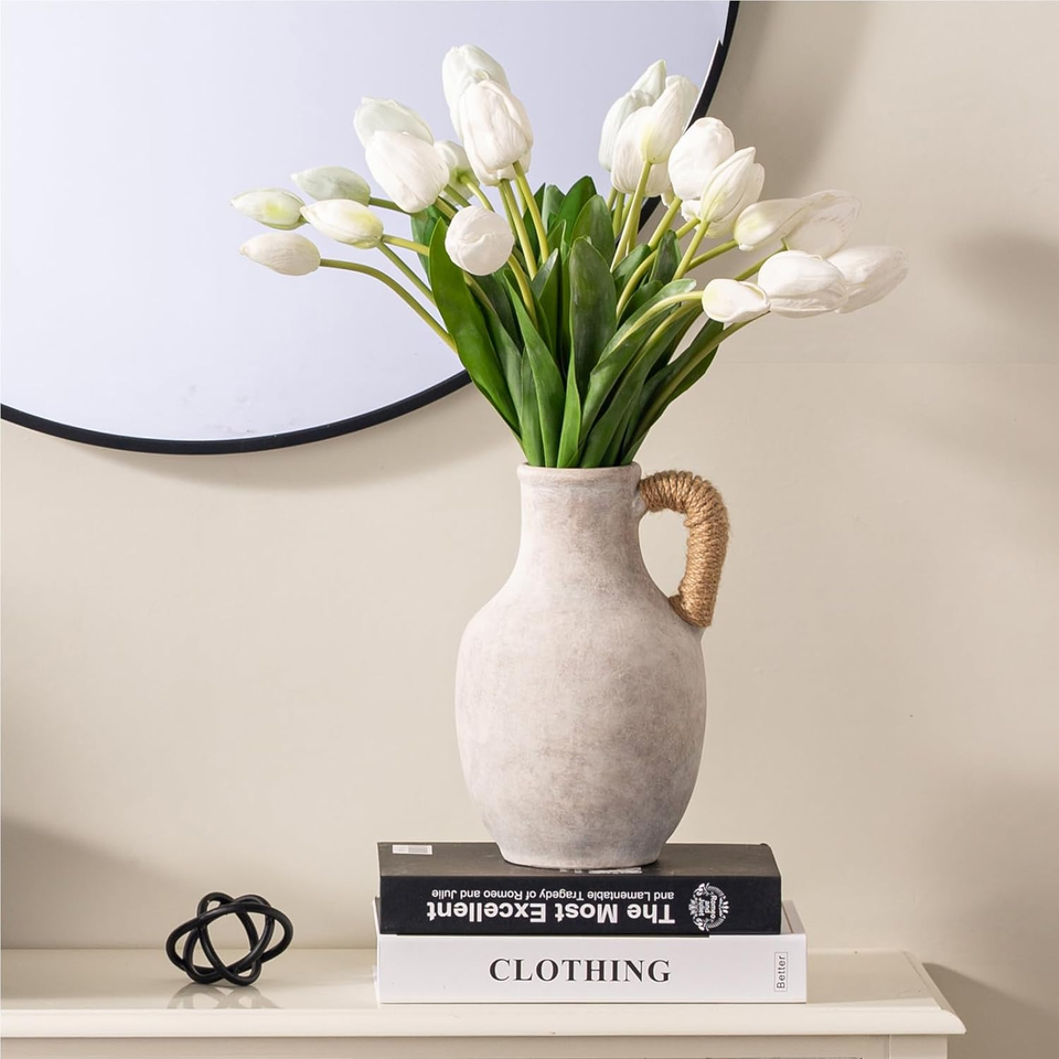Ceramic Flower Vase Home Decor - 10 Inch Large White Rustic Table ...