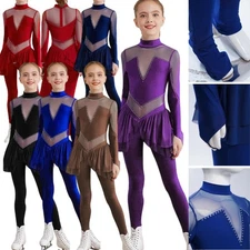 Kids Girls Ice Skating Unitards Shiny Mesh Rhythmic Gymnastics Skirted Leotard