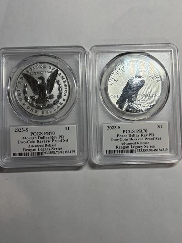 2023-S Reverse Proof $1 Morgan and Peace Dollar 2pc Set PCGS PR70 Reagan Legacy