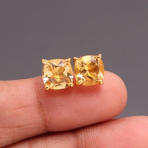 Authentic Natural Citrine Quartz Cushion Stud Earrings Gold Plated Solid Silver Jewelry