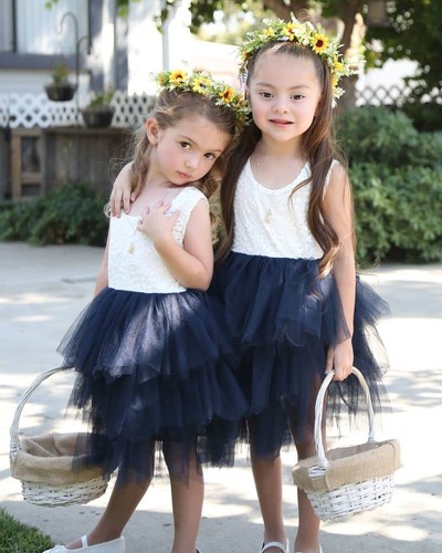Girl Peony Lace Back A-Line Tiered Tutu Tulle Flower Girl Dress (Navy Sleevel... - Picture 4 of 7