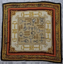 SCARF VINTAGE AUTHENTIC EQUESTRIAN HORSE HARNESSES BROWN YELLOW SILK 35" SQUARE