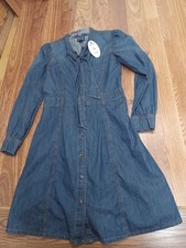 NWT SCOOP Women's Button Front Denim Midi Dress Tie Neck Flare Size S 4-6 