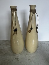 Set Of 2 16”H Tan Ceramic Vases W/Rope And Beads 1.75” Top Opening 4” Base