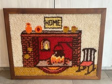 Vintage 1970s Cabin Fireplace Latch Hook Wall Tapestry Shag Rug Framed 36x28