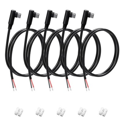 USB C Male Pigtail 5PCS 1M 3ft 90 Degree 22AWG 2Pin Bare Wire 5V 3A DIY