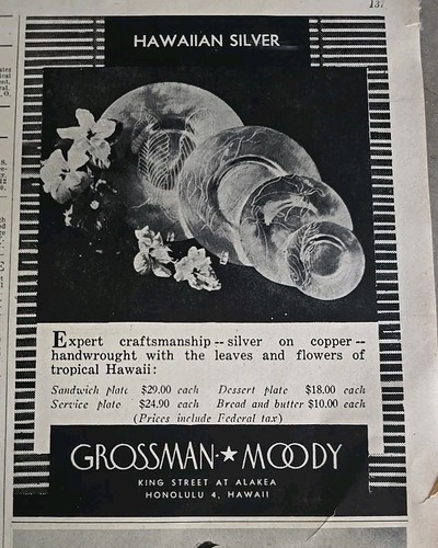  Vintage Grossman Moody Hawaiian silver on copper handwrought tropical dishes ad
