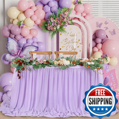 Queendream 14Ft Lavender Chiffon Table Skirt Purple Sheer Tablecloth For