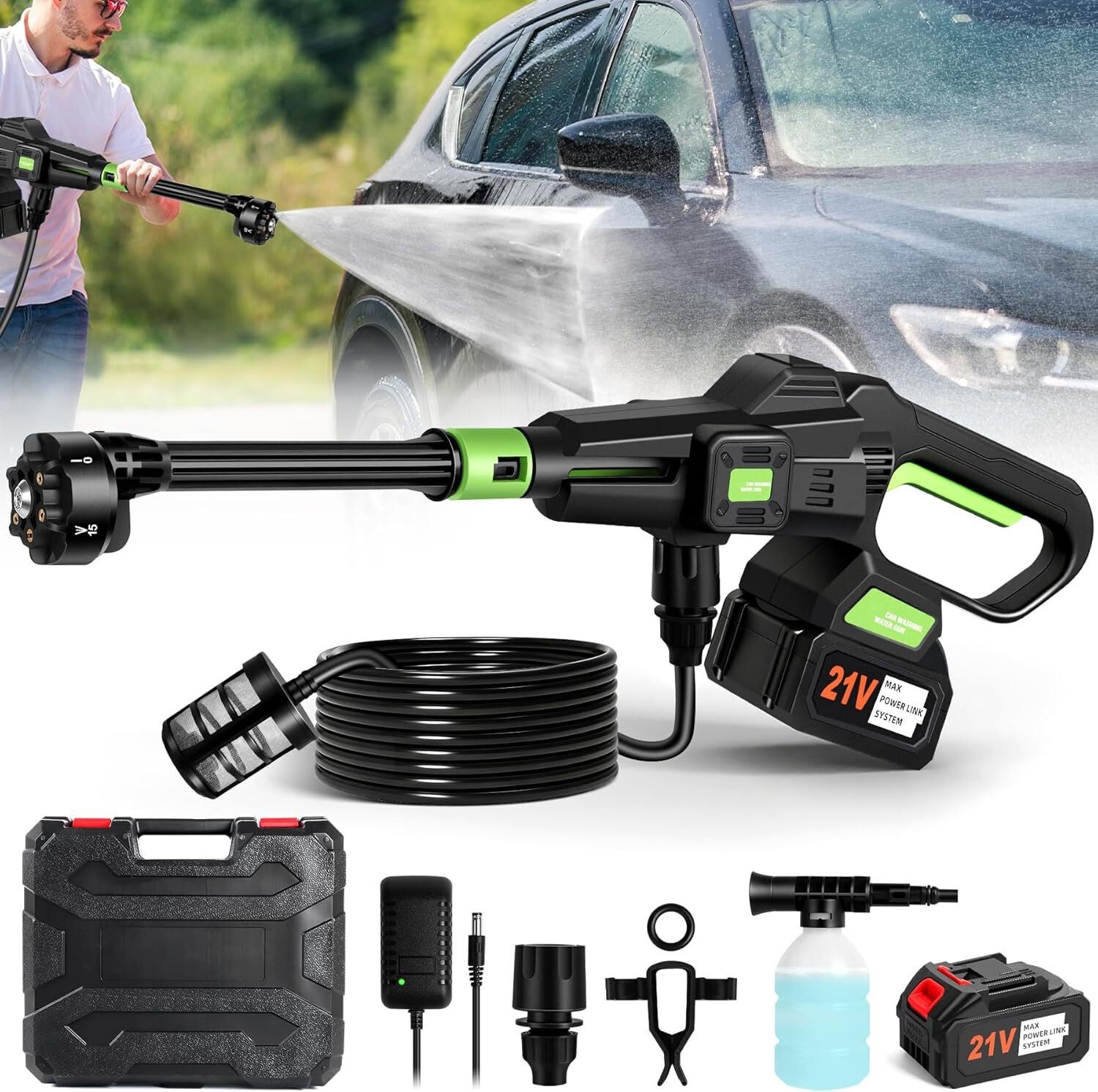 Cordless Pressure Washer Battery Powered, 6-In-1 Nozzle Portable Handheld Power