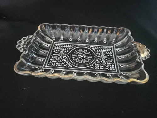 VtG Anchor Hocking Glass Rectangle  Handled Gold Rimmed Trinket Soap Relish Tray
