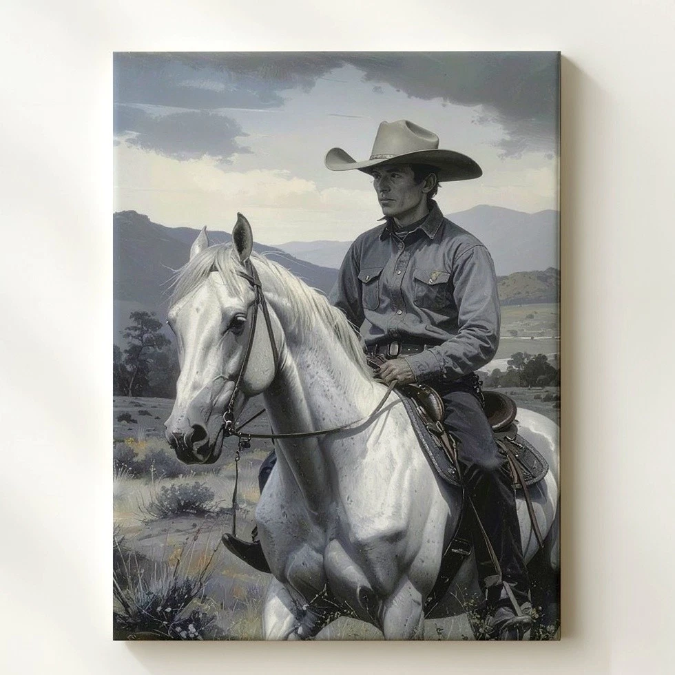 Cowboy & Horse In The Wild Canvasgrayscale Western Landscape Art Wall Art