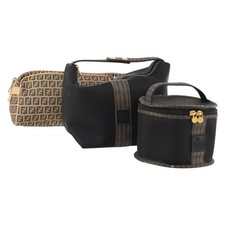 FENDI Pecan Canvas Zucchino Canvas Hand Bag 3 Set Black Brown Auth bs34001