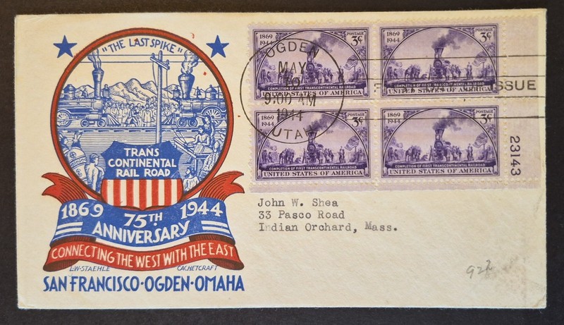 1944 First Day Cover Plate Block Of 4 US Scott 922 Transcontinental Railroad FDC
