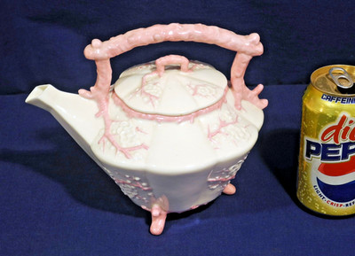 Pink Belleek China Teapot Black Mark Tree Cherry Blossoms Thorn Pattern Kettle