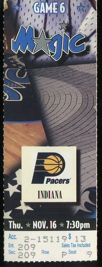 Ticket Basketball Orlando Magic 1995 - 96 11/16 Indiana Pacers | eBay