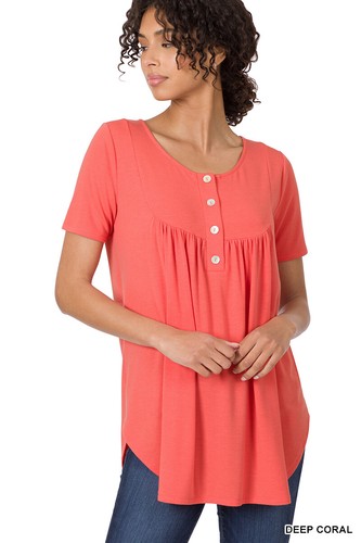 Women's Round Neck Shell Buttons Yoke Shirring Short Sleeve Luxe Rayon Tunic Top - Picture 36 of 56