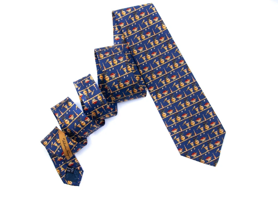 Corbata para hombre SALVATORE FERRAGAMO hecha a mano azul seda ITALIA  Foto 3 de 4