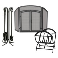 Uniflame Wrought Iron Fireplace Ensemble With Log Rack, Black on sale Uniflame Wrought Iron Fireplace Ensemble With Log Rack, Black on sale