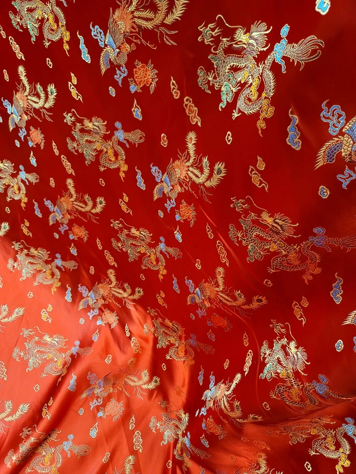 Tela tejida china satinada seda brocado color rojo POR YARDA dragón multicolor Foto 2 de 4