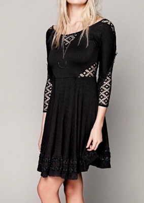 NWT FREE PEOPLE SzM TO THE POINT LACE INSET FIT & FLARE MINI DRESS BLACK |  eBay