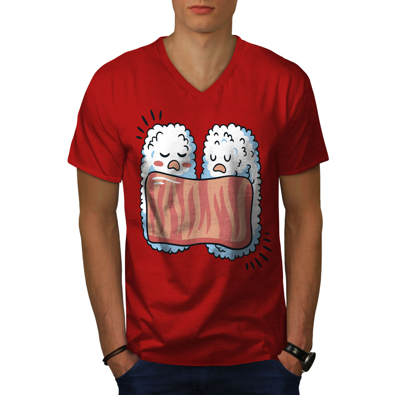 Wellcoda Sushi-Rollen Lachsdecke Herren V-Ausschnitt T-Shirt