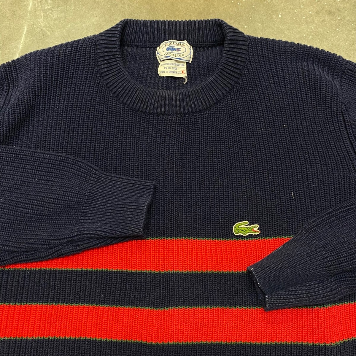 VTG 80s Lacoste Izod Striped Crest Sweater OG Aligator Cable Knit