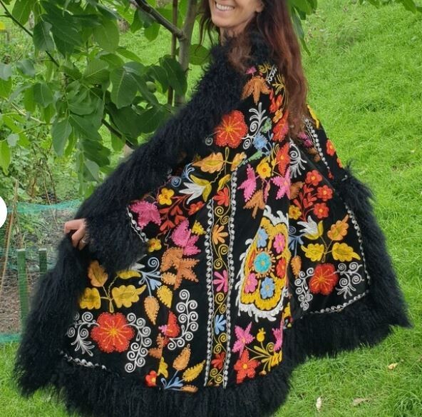 Suzani Shearling Trimed Coat, Afgan Style Coat, NEW, HANDMADE SIZE MED-XL