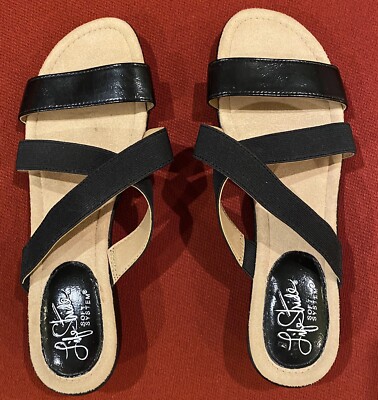 Life Stride Soft System Tina Strappy Slip On Sandals Wedge Heel Black Size 7M