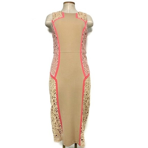 CHAMPAGNE & STRAWBERRY tan lace midi dress
