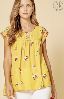 Andre by unit Savanna Jane Yellow Floral boho Embroidered swing Top S M L 1X 2X