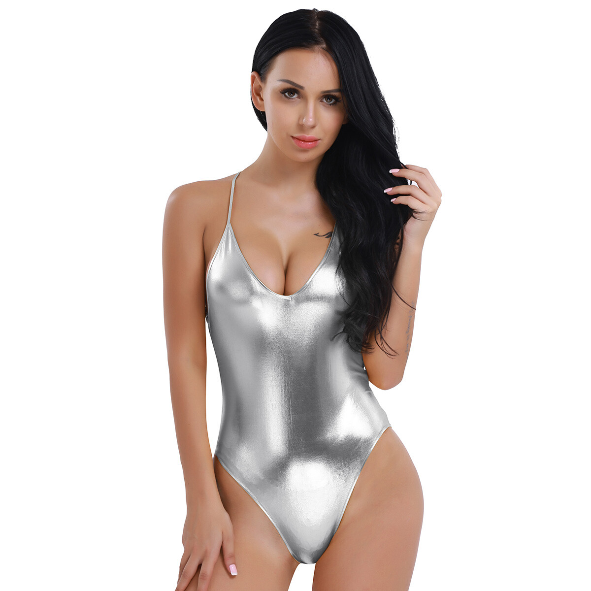 2pcs Damen Wet Look Kunstleder Bikini Suit Badeanzu Produktbild-Vorschau 6