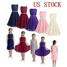 Girls Formal Party Dress Floral Lace Chiffon Proms Rhinestone Wedding Dresses